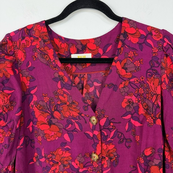 Maeve Anthropologie Multicolor Floral V Neck Button Front Puff Sleeve Blouse - Picture 3 of 5